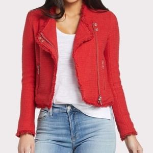 Blank NYC Evereve Tweed Moto Cherry Blazer Jacket w/Fringe Trim, L New $138.00